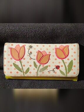 Kim Rogers Green, Pink & Cream w/Floral, Bee & LadyBug Design Tri-Fold Wallet